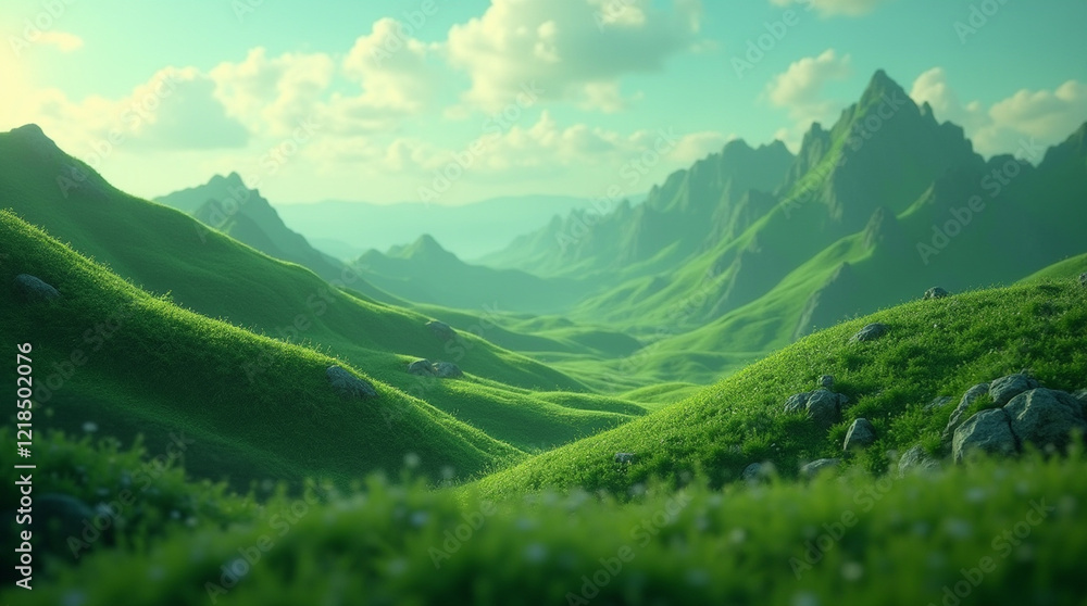 Fototapeta premium Micro Photography of Abstract Green Landscape with Hills and Mountains: Wallpaper Background Design