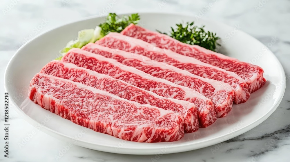 Premium marbled beef slices displayed neatly with complementary green herbs, ideal for a gourmet meal. Premium marbled beef slices displayed neatly with complementary green herbs, ideal for a gourmet meal.