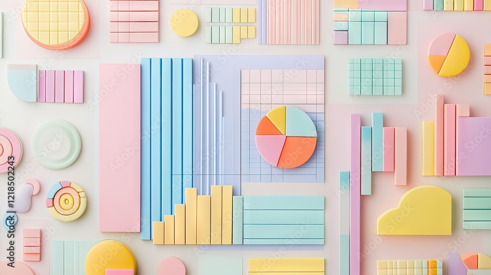 Obraz premium Professional financial analysis: paperwork with colorful graphs and charts, designed in a pastel theme.