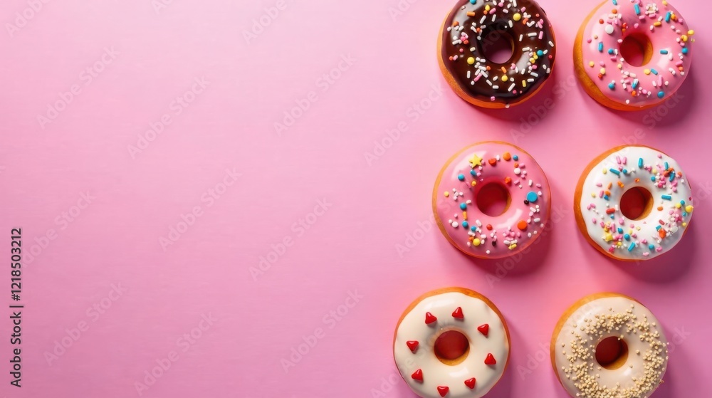Fototapeta premium Sweet Treats Arranged on Pink Background A Delightful Collection of Glazed Donuts with Colorful Sprinkles