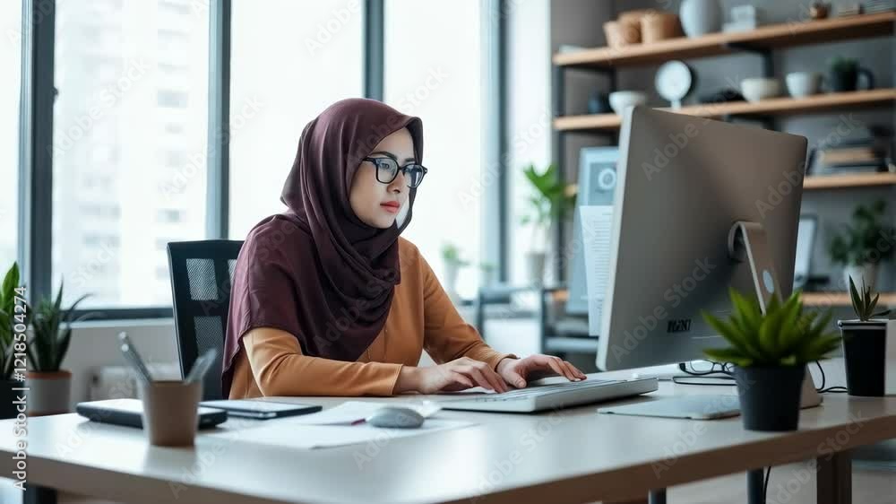 Focused Muslim Woman Working on Computer Focused Muslim Woman Working on Computer