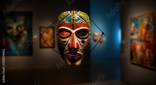 Traditional african mask in art gallery with vibrant colors and patterns photo