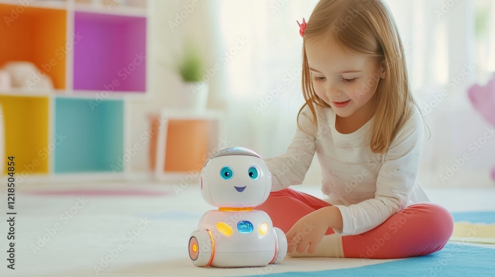 A girl shares a playful moment with a robot in a vibrant room filled with soft daylight, AI companionship concept A girl shares a playful moment with a robot in a vibrant room filled with soft daylight, AI companionship concept
