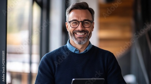 Smiling male warehouse manager using a digital tablet for inventory management in a modern storage facility, exemplifying efficient logistics and organization, Generative AI