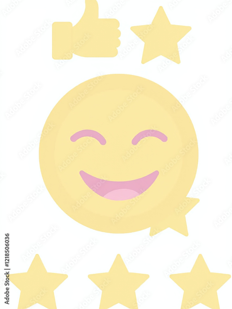 Iconic Image Of A Smiling Face With A Thumbs Up And 5 Stars Is Used To Convey Customer Satisfaction In Reviews. 00003