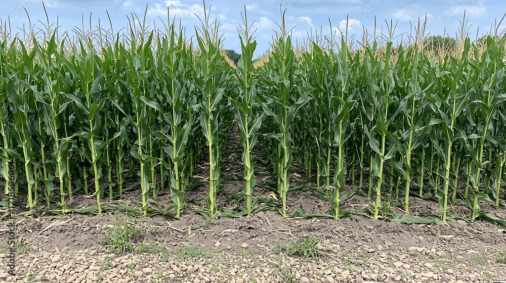 Naklejka premium Lush corn field rows under summer sky, agriculture