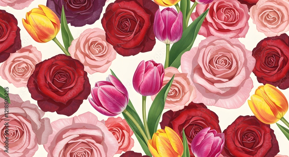 Seamless pattern of roses and tulips with subtle shadows for depth Seamless pattern of roses and tulips with subtle shadows for depth