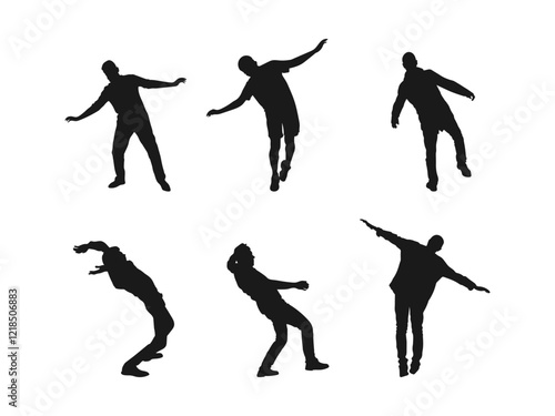Diverse Male Silhouettes in Various Action Poses. Six dynamic black silhouettes of men in different action poses. black silhouette is isolated on a white background.
