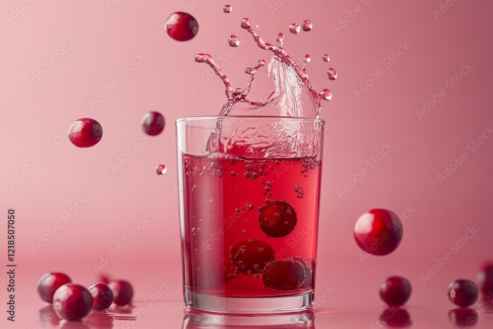 A refreshing cranberry beverage overflows in a glass, adorned with floating berries, all set against a charming pink backdrop