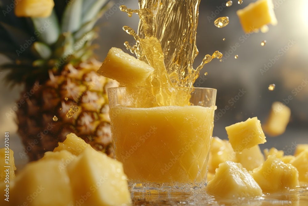 Fresh pineapple juice splashes from a glass surrounded by pineapple chunks and a whole pineapple in a bright kitchen