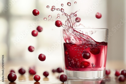 A vibrant splash of cranberry juice accompanied by fresh, colorful berries is elegantly arranged in a glass, set atop a rustic wooden table bathed in the warm light of daylight