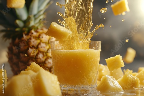 Obraz na płótnie Fresh pineapple juice splashes from a glass surrounded by pineapple chunks and a whole pineapple in a bright kitchen w salonie