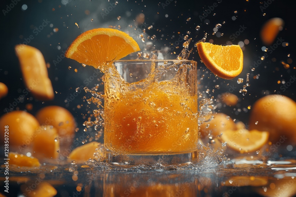 Enjoying a refreshing glass of orange juice with splashes and orange slices at a bright summer gathering