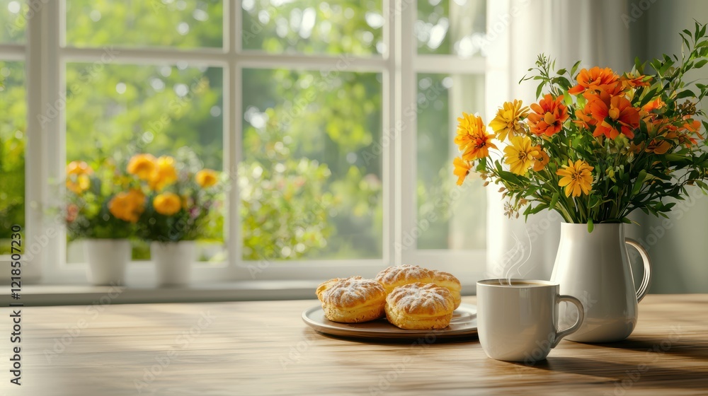 Warm Morning Sunlight Illuminates Cozy Table Setting with Coffee, Pastries, and Flowers Warm Morning Sunlight Illuminates Cozy Table Setting with Coffee, Pastries, and Flowers