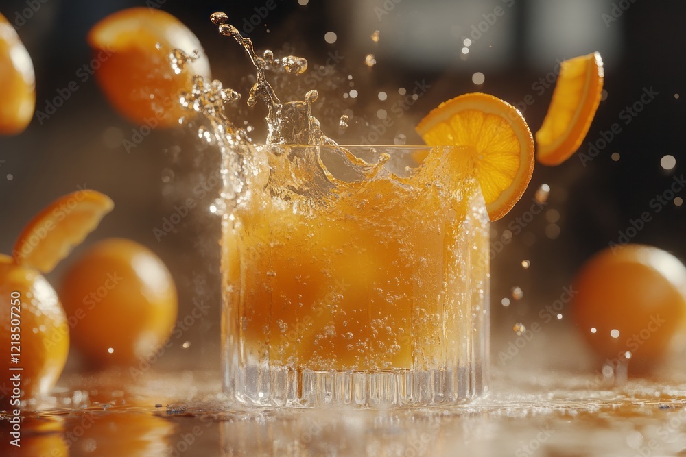 Orange cocktail splashing in glass with fresh orange slices around, highlighting a vibrant and refreshing drink experience