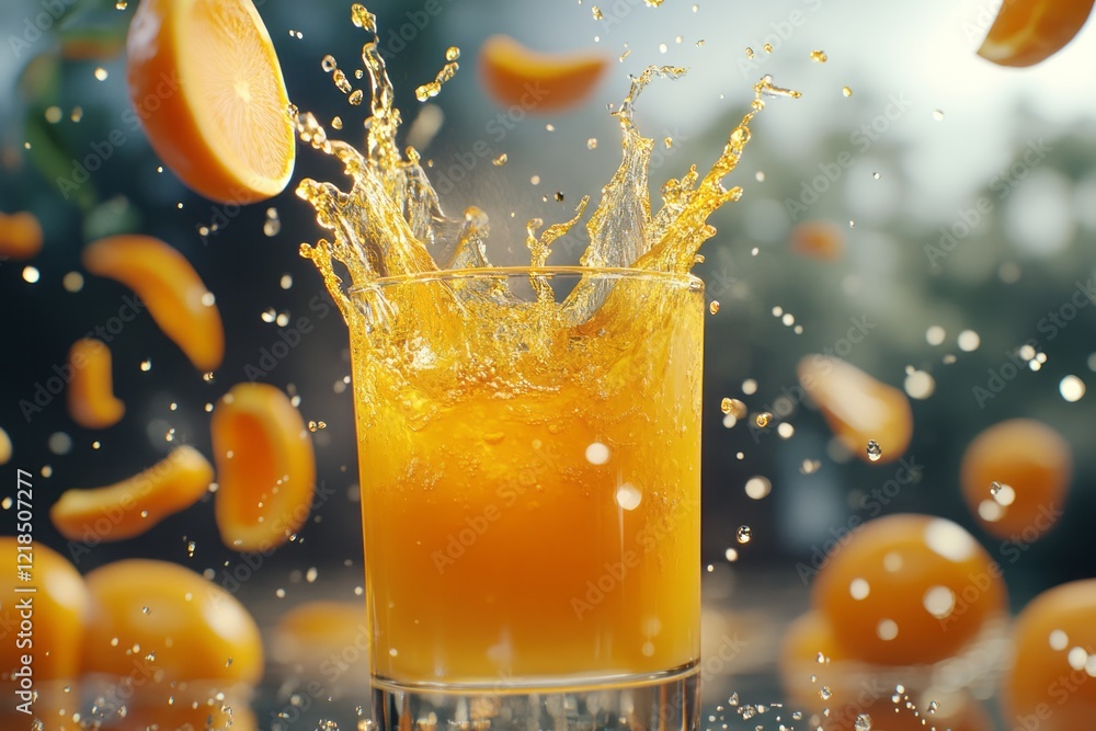 A refreshing splash of bright orange juice is beautifully encircled by a vibrant array of juicy oranges on a warm, sunny day