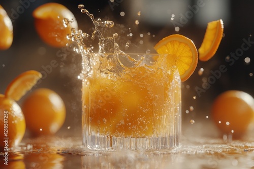 Obraz na płótnie Orange cocktail splashing in glass with fresh orange slices around, highlighting a vibrant and refreshing drink experience w salonie