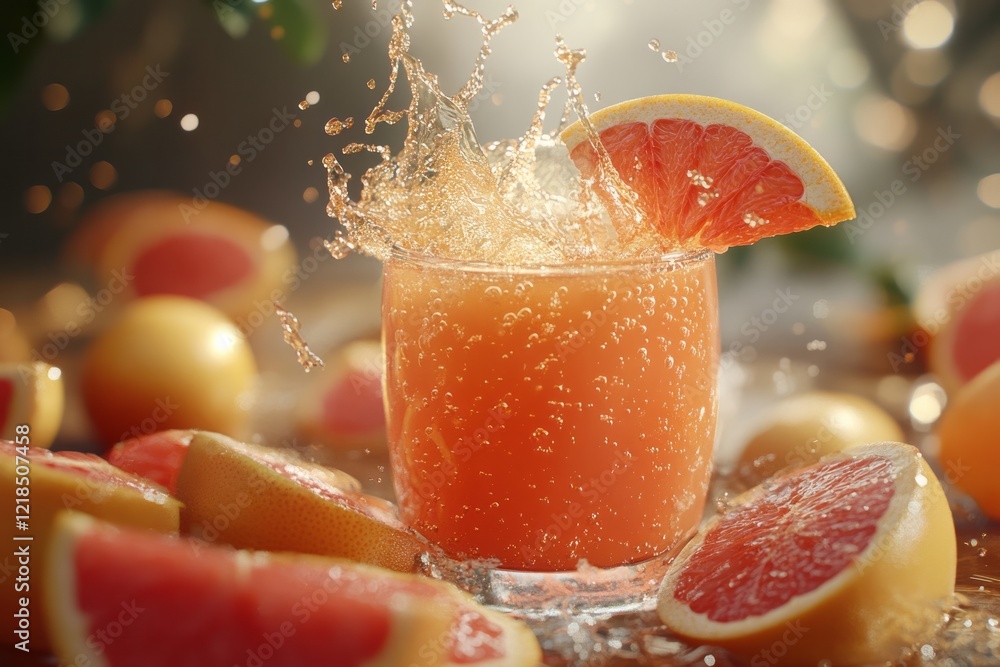 Refreshing citrus cocktail splash with vibrant grapefruit and lemon slices on a sunlit surface during warm afternoon