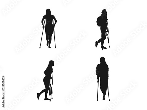 young woman with crutches silhouette vector. silhouette of a woman walking with crutches. Vector drawing the silhouette of a young woman on crutches. black silhouette is isolated on a white background