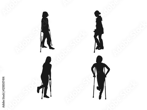 young woman with crutches silhouette vector. silhouette of a woman walking with crutches. Vector drawing the silhouette of a young woman on crutches. black silhouette is isolated on a white background