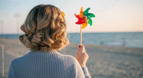 Young caucasian woman holding colorful pinwheel by the beach photo