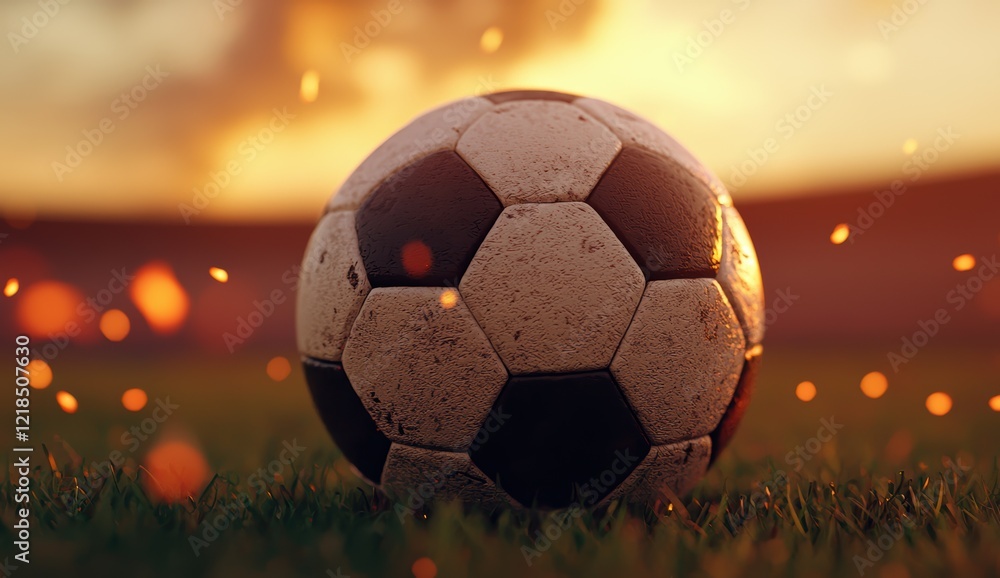 Fototapeta premium Well worn Soccer Ball at Sunset on Lush Green Field