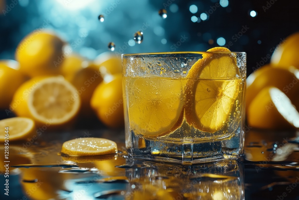 A revitalizing citrus drink features zesty lemon slices artfully arranged beside bright yellow lemons, all set against a rich, dark background