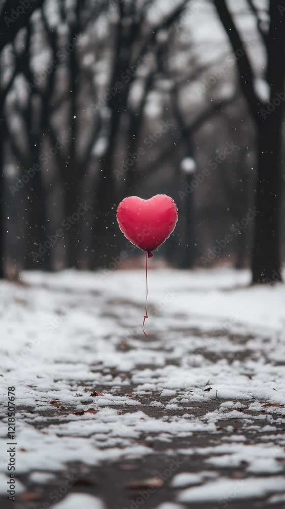 Fototapeta premium Red Balloon Floating Over Snowy Park with Soft Breeze: Snowy Valentines Day Aesthetics