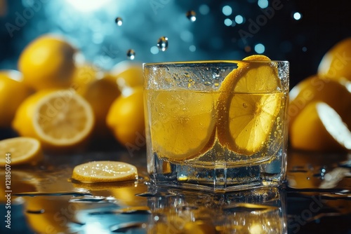 Obraz na płótnie A revitalizing citrus drink features zesty lemon slices artfully arranged beside bright yellow lemons, all set against a rich, dark background w salonie