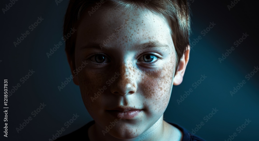Freckled caucasian young boy in low light portrait with serious expression Freckled caucasian young boy in low light portrait with serious expression