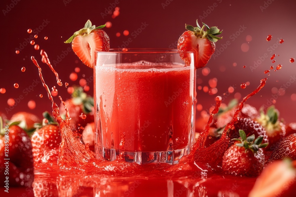 Refreshing strawberry juice in a glass surrounded by strawberries with splashes against a vibrant red background