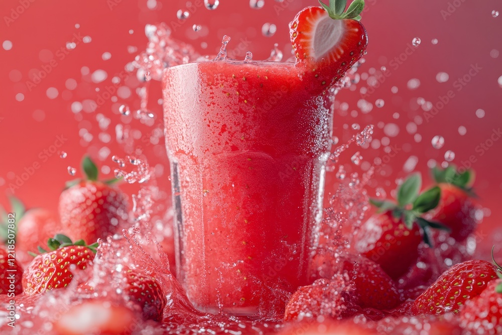Refreshing strawberry smoothie splashes joyfully in a glass surrounded by fresh strawberries on a vibrant red background