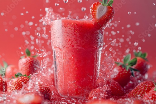 Obraz na płótnie Refreshing strawberry smoothie splashes joyfully in a glass surrounded by fresh strawberries on a vibrant red background w salonie