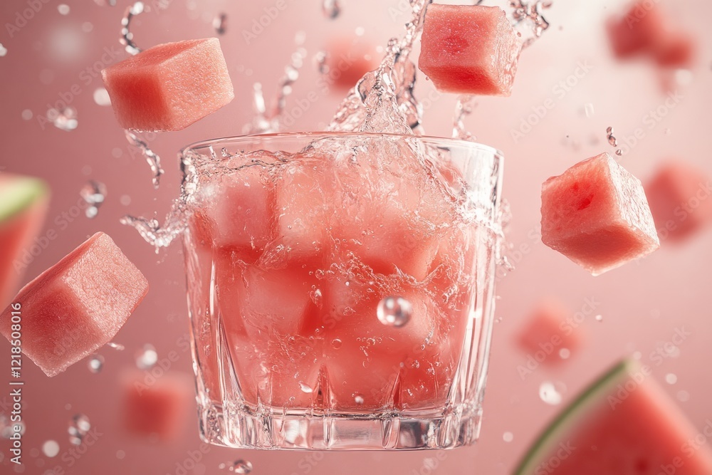 Refreshing summer drink with watermelon cubes splashing in glass on vibrant pink background for a cool refreshment