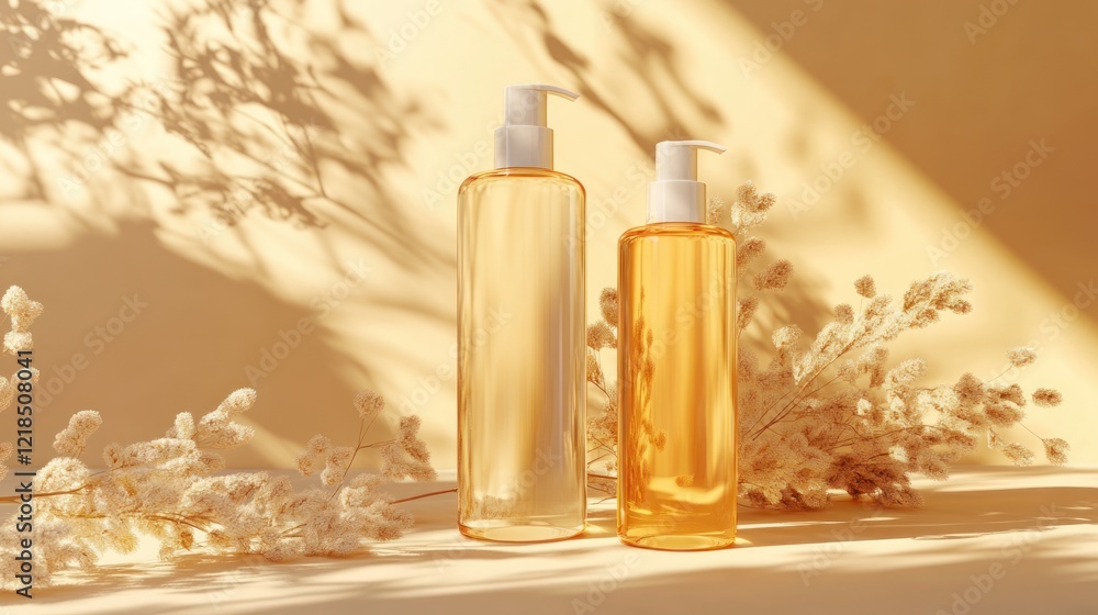 Fototapeta premium Two amber bottles with pump dispensers, sitting on a beige surface with dried flowers and sunlight shadows.