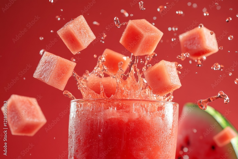 A revitalizing watermelon beverage bursts with lively cubes, creating a delightful splash in a vibrant, energetic atmosphere