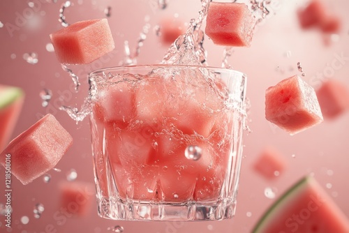 Obraz na płótnie Refreshing summer drink with watermelon cubes splashing in glass on vibrant pink background for a cool refreshment w salonie