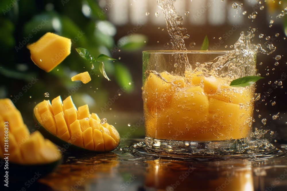 Refreshing mango beverage splashes in a glass surrounded by fresh mango chunks in a vibrant setting with natural light