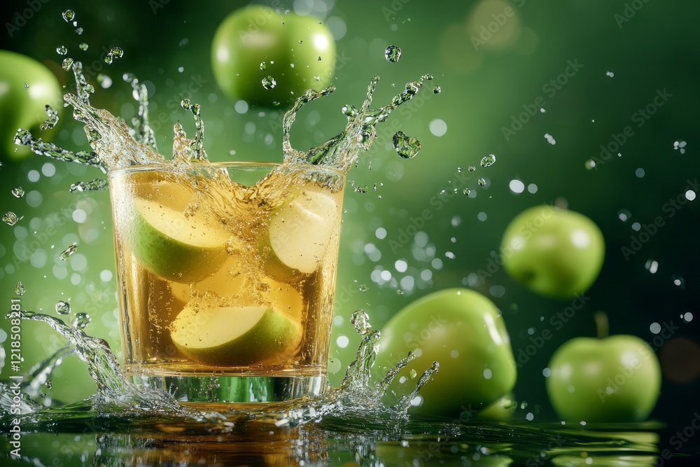 A cool and invigorating beverage made with crisp green apples is poured into a glass, creating a delightful splash against a lively, colorful background
