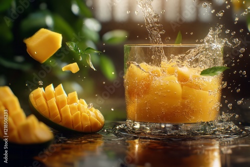 Obraz na płótnie Refreshing mango beverage splashes in a glass surrounded by fresh mango chunks in a vibrant setting with natural light w salonie