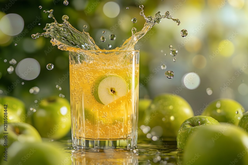 Refreshing sparkling apple drink splashes in a glass surrounded by green apples in a vibrant setting during daytime