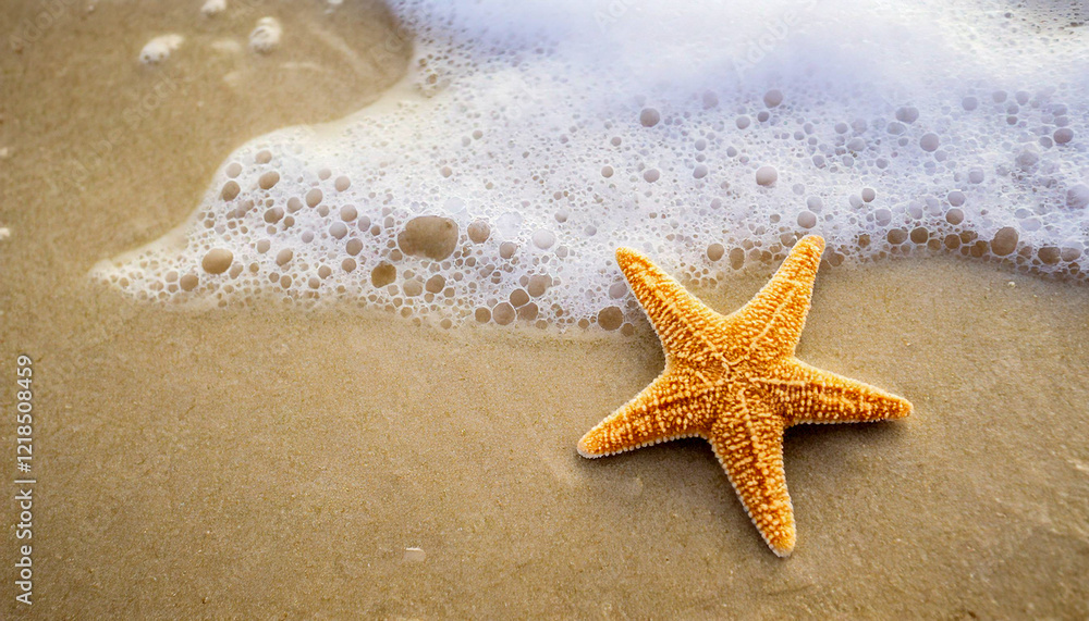 Starfish on Beach,A starfish lies on wet sand as gentle waves wash ashore, creating a serene beach scene. Starfish on Beach,A starfish lies on wet sand as gentle waves wash ashore, creating a serene beach scene.