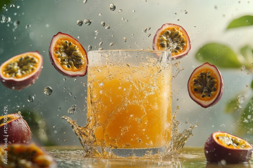 Vibrant passion fruit drink splashes with ice and surrounding fruit slices in a refreshing summer scene