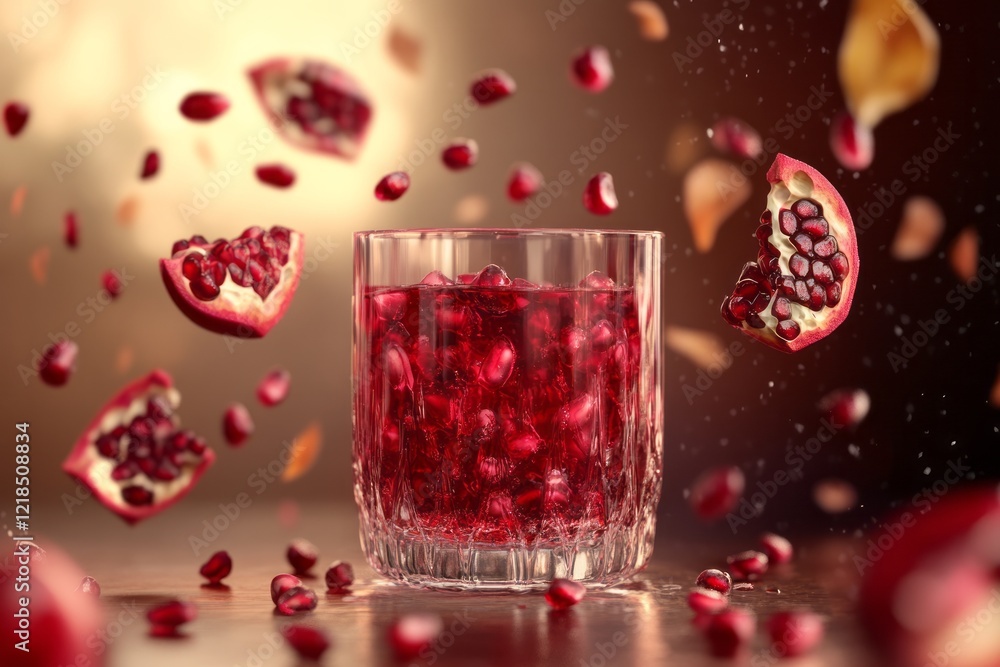 Refreshing pomegranate drink served in crystal glass with flying pomegranate seeds and fruit, creating an invigorating atmosphere in a warm setting