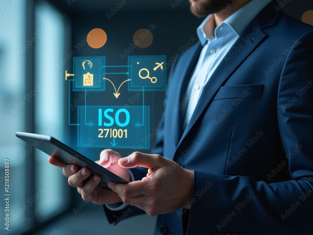Businessman Uses Tablet To Implement Iso 27001 Standards And Certification For A Secure Information Security Management System. 00003 Businessman Uses Tablet To Implement Iso 27001 Standards And Certification For A Secure Information Security Management System. 00003