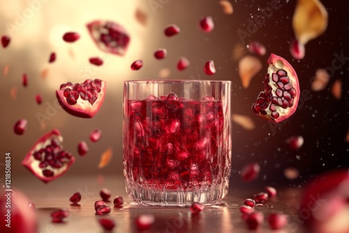 Refreshing pomegranate drink served in crystal glass with flying pomegranate seeds and fruit, creating an invigorating atmosphere in a warm setting