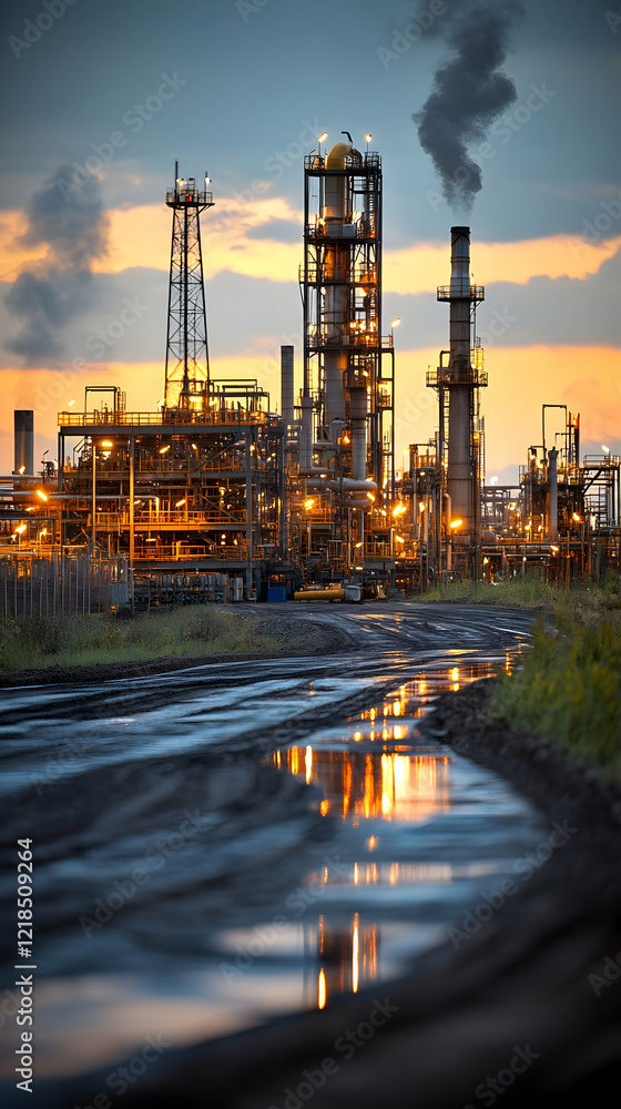 Fototapeta premium Refinery sunset, industrial complex, puddle reflection, energy production