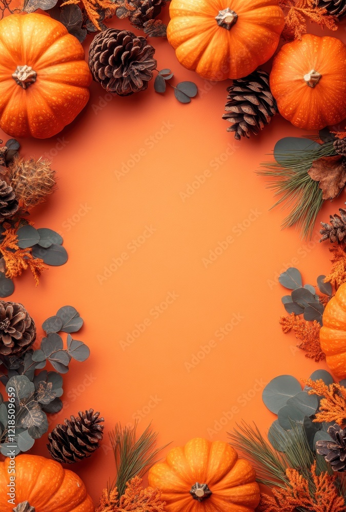 Vibrant Autumn Arrangement Featuring Pumpkins and Pinecones on a Warm Orange Background with Textured Natural Elements for Fall-themed Designs and Celebrations Vibrant Autumn Arrangement Featuring Pumpkins and Pinecones on a Warm Orange Background with Textured Natural Elements for Fall-themed Designs and Celebrations