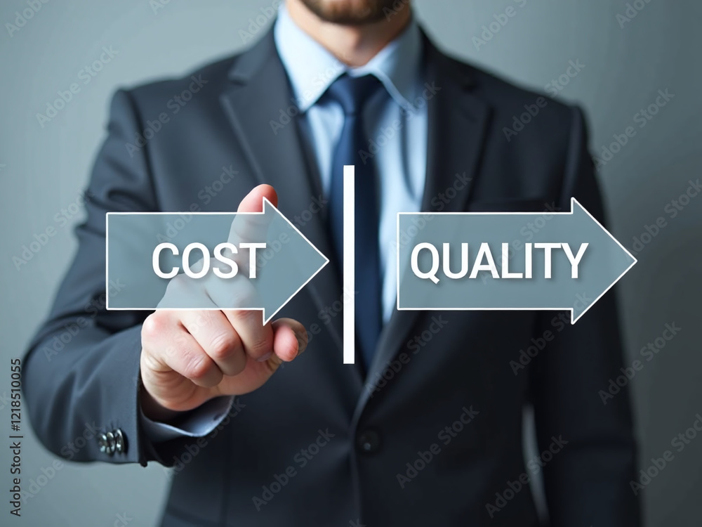 Businessman Shows Cost And Quality Arrows In Project Management Strategy To Control Budget Costs And Improve Product Service Quality. 00001 Businessman Shows Cost And Quality Arrows In Project Management Strategy To Control Budget Costs And Improve Product Service Quality. 00001