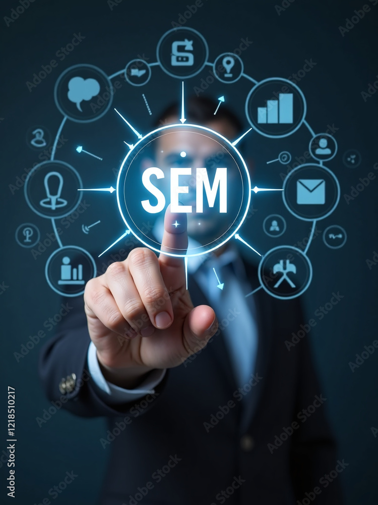 Businessman Points To Sem Related Icons, Symbolizing Search Engine Optimization Marketing Ranking And Online Advertising Digital Marketing Strategies. 00002 Businessman Points To Sem Related Icons, Symbolizing Search Engine Optimization Marketing Ranking And Online Advertising Digital Marketing Strategies. 00002